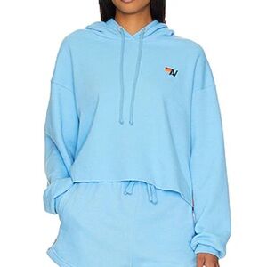 Aviator Nation Bolt Stripe Relaxed Cropped Hoodie Sky Blue Size XL